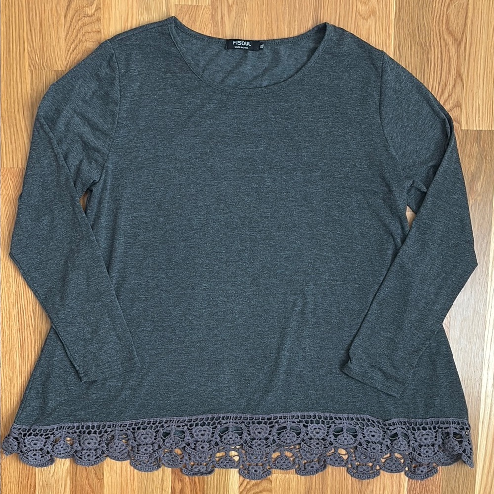 Gray Lace Hem Long Sleeve Top